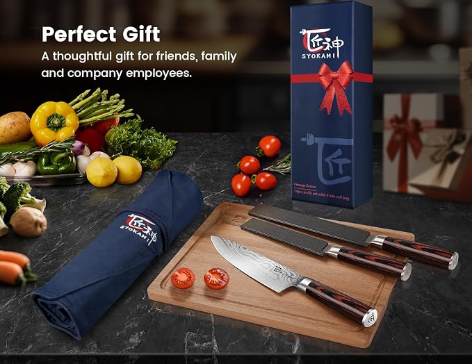 14pcs Chef Knife Set with Roll Bag, Professional Stainless Steel Japanese Knife Set with Pakkawood Handle for Professional Chef, Camping, Travel, BBQ, RV or Gift