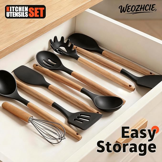 Silicone Cooking Utensil Set,10 PCS Cooking Kitchen Utensils Set, Nonstick Kitchen Utensils 446°F Heat-Resistant Cookware Tools of Spoon,Brush,Whisk,Spatula,Turner Tongs (Black)