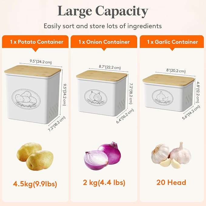 Lifewit Plastic Potato and Onion Storage Bin Box, Set of 3, White | Stackable Garlic Keeper, Vegetable Container Box, Aerating Holes & Lid for Pantry Countertop