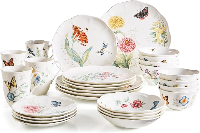 Lenox Butterfly Meadow Porcelain 28-Piece Dinnerware Set for 4 | ceramic, dishwasher safe, microwave safe | plates and bowls sets for kitchen and dining | 11 inch plate