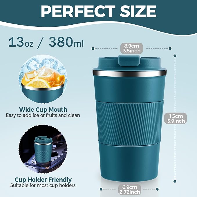 Volhoply 13 oz Stainless Steel Insulated Travel Coffee Mug with Fip Lid Bulk 4 Pack,Reusable Double Wall Vacuum Metal Coffee Cup,Portable Leak Proof Thermal Tumbler for Hot & Cold Drinks(Bule,4)