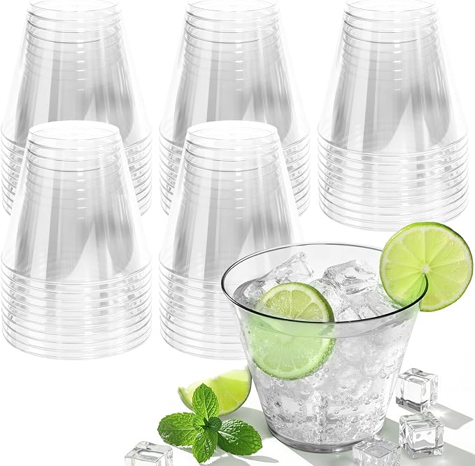 Glowserve 9 OZ Clear Disposable Plastic Cups Cocktail Cup 150 Pack | Fancy Cocktail Cup,Stemless Wine Glass,Wedding Wine Glasses,Graduation Birthday,World Cup,Party Essentials