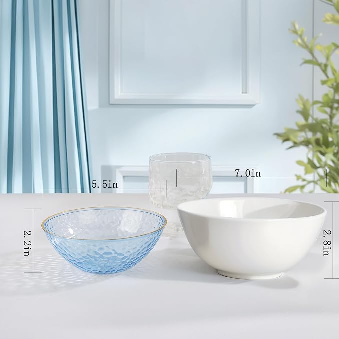 30 Pack 12 Ounce Blue Plastic Bowls Hammered Clear Bowl with Gold Rimmed, Heavy Duty Disposable Bowl Set,Elegant Small Bowls for Party, Weddings, Catering