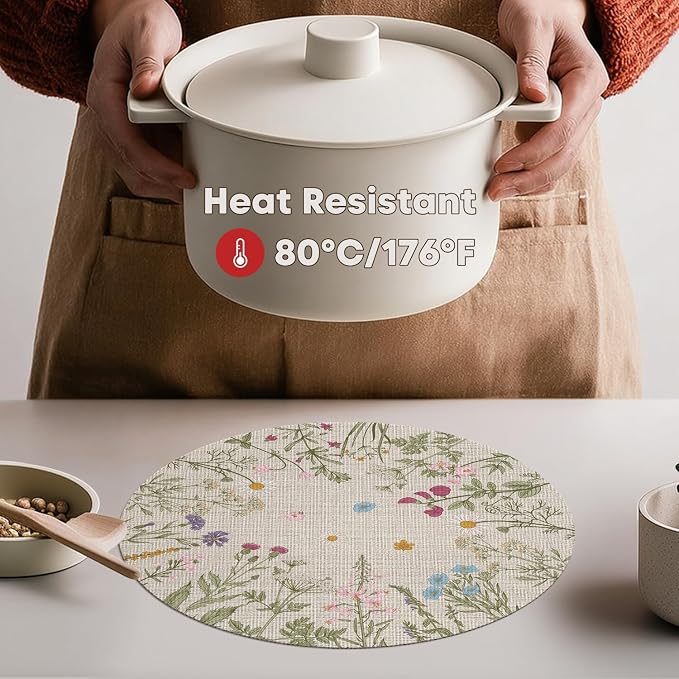 Artoid Mode Wildflower Vinyl Round Placemats Set of 4, 14 Inch Washable Non-Slip Platic PVC Table Mats for Party Kitchen Dining Decor