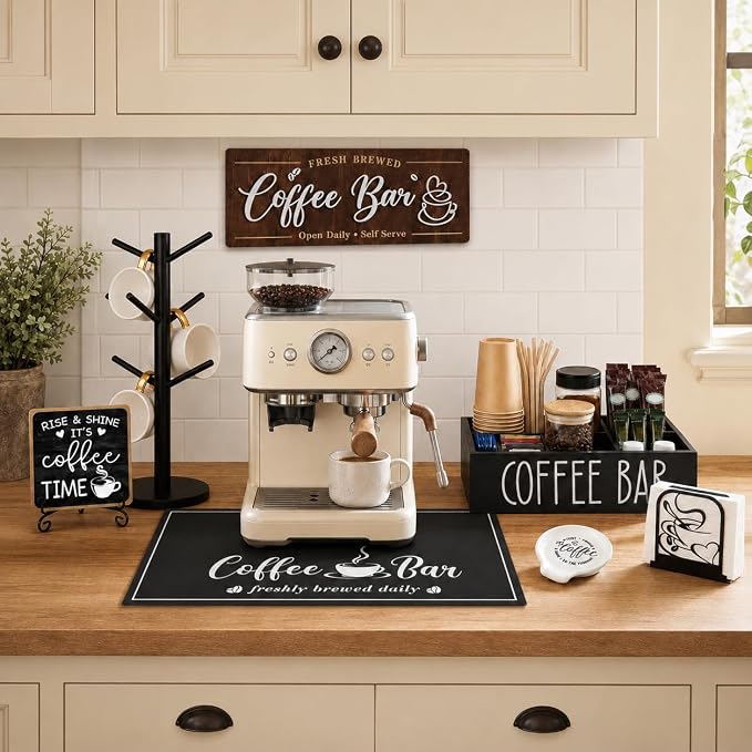 7-Piece Coffee Bar Accessories Set, Farmhouse Coffee Bar Organizer Kit | Coffee Bar Essentials Bottle Organizer for Countertop, Coffee Station Organizer with K-Cup Holder Mat Spoon Rest and 2 Signs