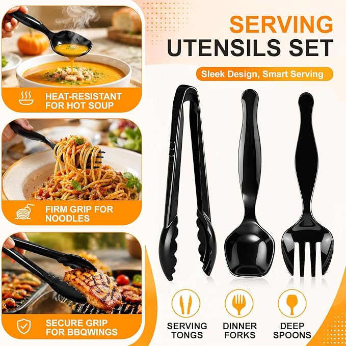 36Pcs Disposable Plastic Serving Utensils Set, 12 Black Spoons, 12 Forks, 12 Tongs, 9-Inch for Party Buffet Catering Events, Heavy Duty and Ergonomic Design