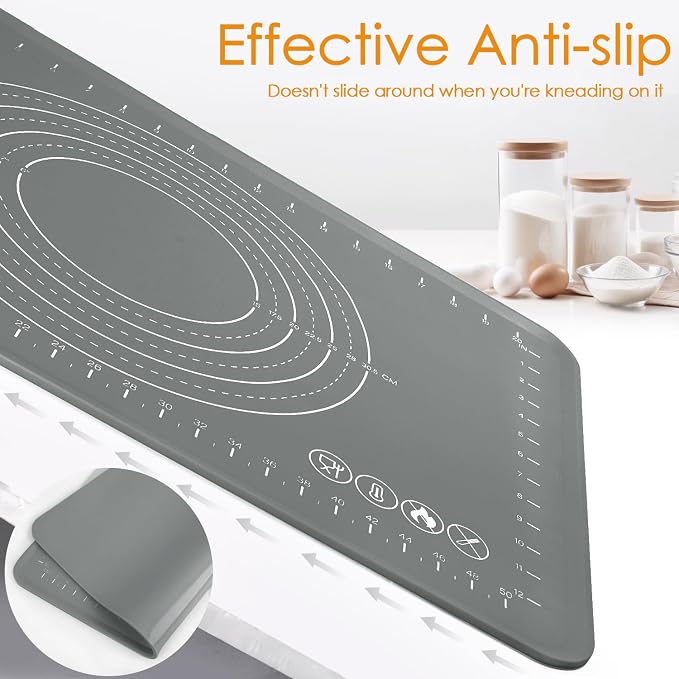 Silicone Pastry Mat 24" x 16" Baking Mat with Measurements and Edge Heightening, Thick Non-slip BPA Free Silicone Pad for Countertop Rolling Kneading Dough, Bread, Cookies,Pizza, Fondant,Dark Gray