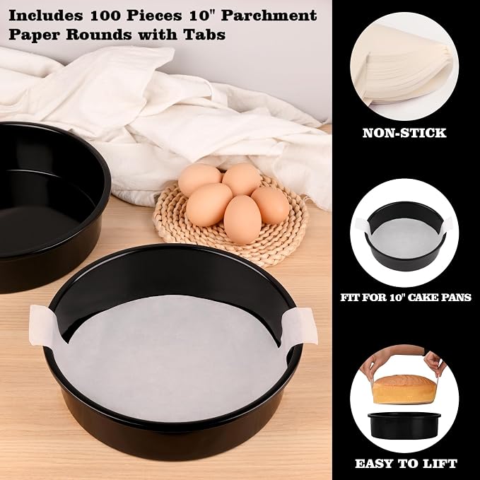 HUAKENER 10 Inch Cake Pan,2Pcs Round Cake Pan with Parchment Paper | Carbon Steel Cake Baking Pans with 70 Pieces Parchment Paper, Non-stick Cake Baking Pans, Dishwasher Safe