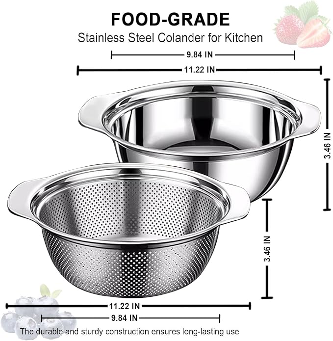 Stainless Steel Colander, 2.5 QT 9.85 Inch Colander for Kitchen with Handle | 304 Strainers and Colanders, Rice Strainer with Mixing & Washing Bowl for Washing Vegetables, Fruits, Rice and Pasta