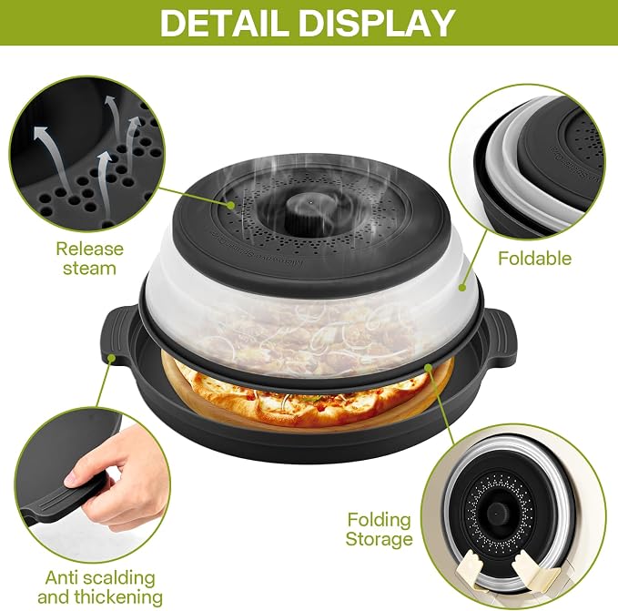 Microwave Splatter Cover for Food with Anti-scald Base Plate,Large Plastic & Silicone Vented Avoid Scalding Collapsible Guard Lid,Kitchen Essential Gadgets for Meal Prep-10.7 Inch (Black)