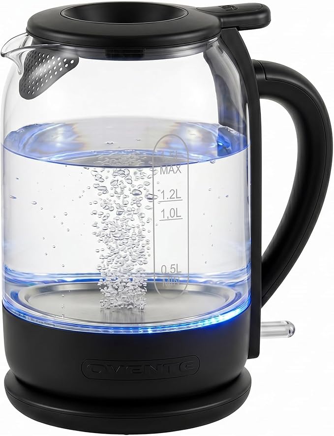 OVENTE 1.5L Glass Electric Kettle Water Boiler, Black KG516B | 1500W Fast Boiling, Easy Fill Lid, Stainless Steel Filter, LED Indicator, Auto Shut-Off, Boil-Dry Protection, 360° Base