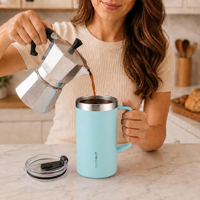 NESTALLY Cozy 20oz Insulated Coffee Mug with Handle & Lid, Mint Green | Stainless Steel Double Wall Vacuum Travel Mug for Hot & Cold Drinks, Reusable Coffee Tumbler, Non-Slip Base, BPA-Free