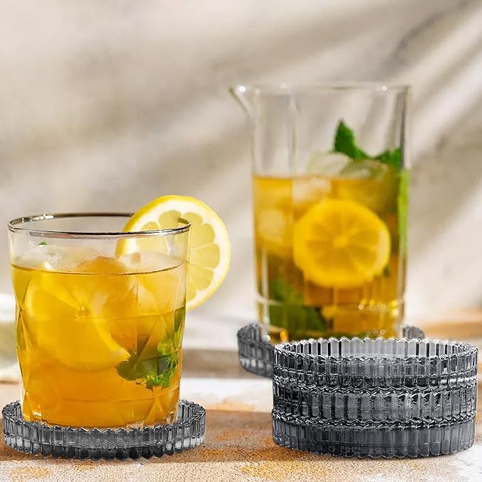 Modern Clear Coaster Set of 5- Glass Coasters for Drinks, Clear Black | Crystal Coasters Round Cup Mat Coffee Table Decor for Office, Kitchen, Bar, Dining Room, Living Room, Patio
