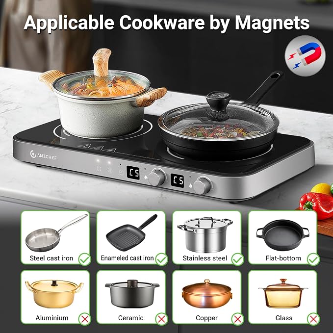 AMZCHEF Double Induction Cooktop, 1800W 2 Burner with Griddle Pan, Grey | non-stick removable griddle pan; ceramic glass surface; 2 independent cooking zones; 9 power levels; 99-min timer; child lock