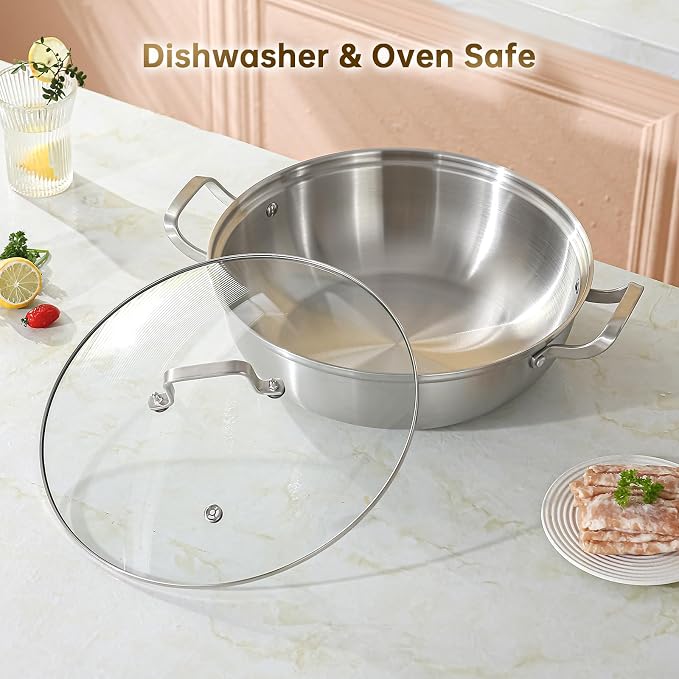 Yeksum Tri-Ply Stainless Steel Saute Pan,Deep Frying Pan with lid,Compatible with All Cooktops Up to 650℉, Everyday Pan,Hot Pot,Kadhai,Induction Cooking Pot,Dishwasher and Oven Safe. (7QT)