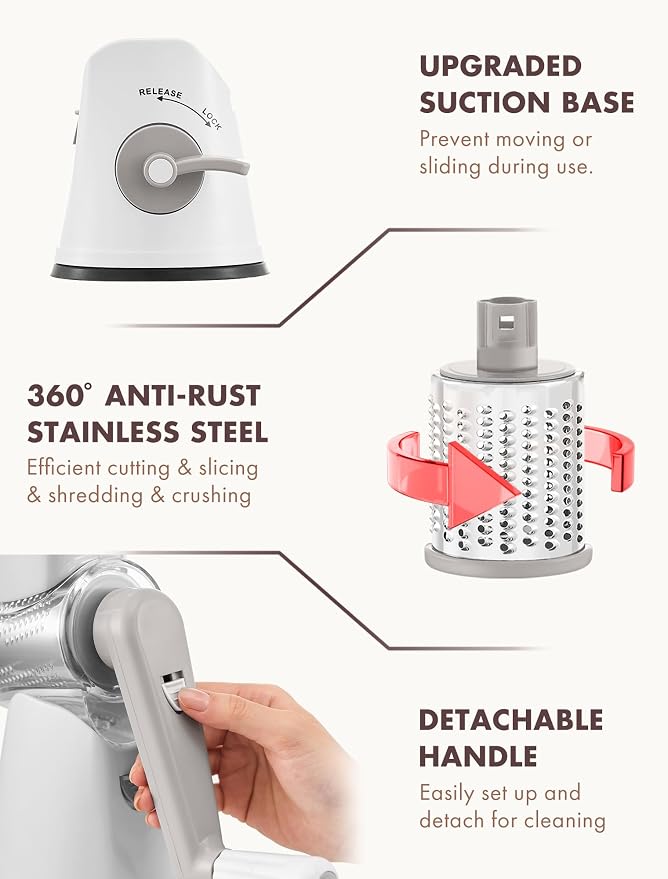 GDL Upgraded 5 in 1 Rotary Cheese Grater, Cheese Shredder Vegetable Slicer | 5 Stainless Steel Blades, Non-slip suction base, No BPA, Dishwasher Safe, Wavy Slicing, 12x Faster for Veggie, nut, ice