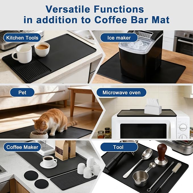 Mrcrypos Silicone Coffee Station Mat with Rasied Edges 16x24 Inch, Black | Anti-Slip, Heat-Resistant, Spill-Proof, Bar Mat for Most Countertop & Espresso Machines, under Coffee Maker/Dish Rack