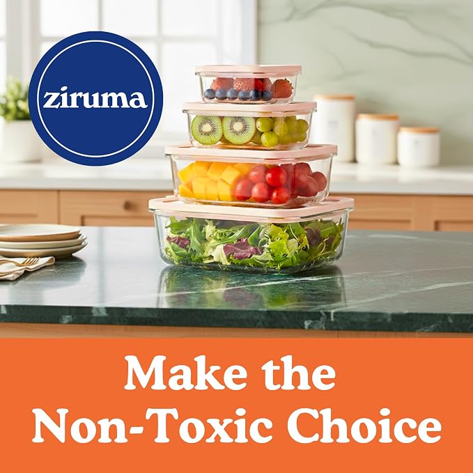 Non-Toxic Glass Food Containers with Lids, 4-Pack, 21 oz, Airtight, Beige | Plastic & BPA free. Glass body, glass lid & platinum silicone seal. Airtight & leakproof. Freezer & microwave safe.