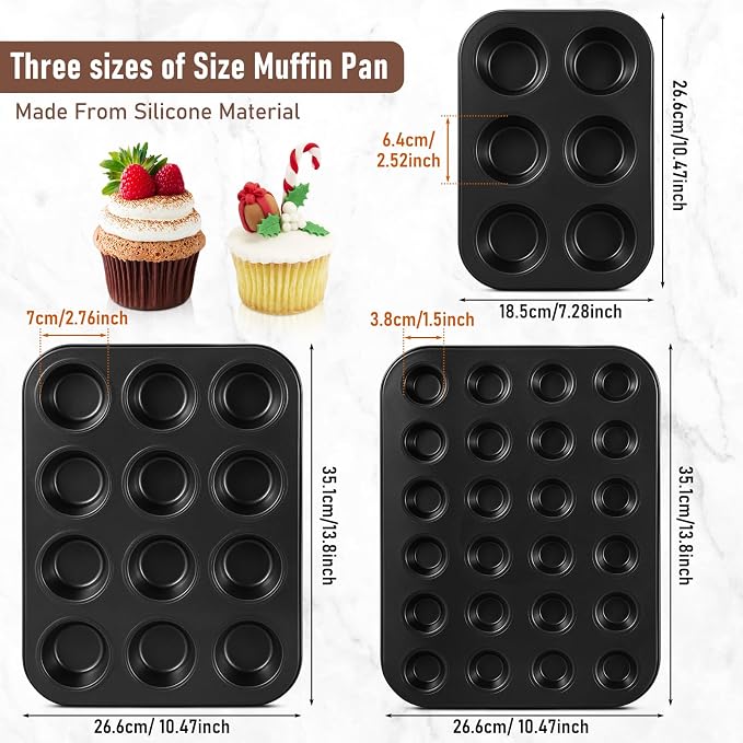 SiliFine 3 Pack Nonstick Muffin Pan Carbon Steel Cupcake Pan Muffin Tin Easy to Clean Tray Bakeware for Baking Cup Cake Cheesecake, 6, 12, and 24 Cup, Jumbo