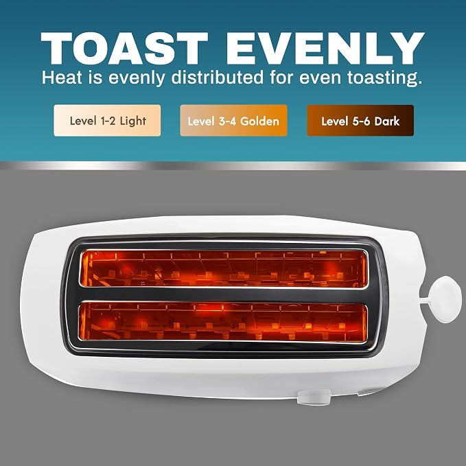 Elite Gourmet ECT-4829 4-Slice Long Slot Toaster, Extra-Wide Slots, White | 6 Toast Settings, Defrost, Reheat & Cancel Functions, Slide-Out Crumb Tray, Great for Bagels & Waffles