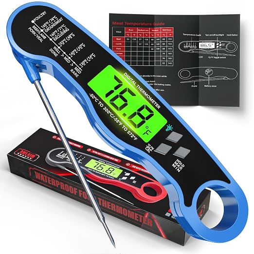 AWLKIM Meat Thermometer Digital, Instant Read Food Thermometer, Blue | Waterproof cooking thermometer with doneness chart, backlight, F/C switch for BBQ, candy, oil