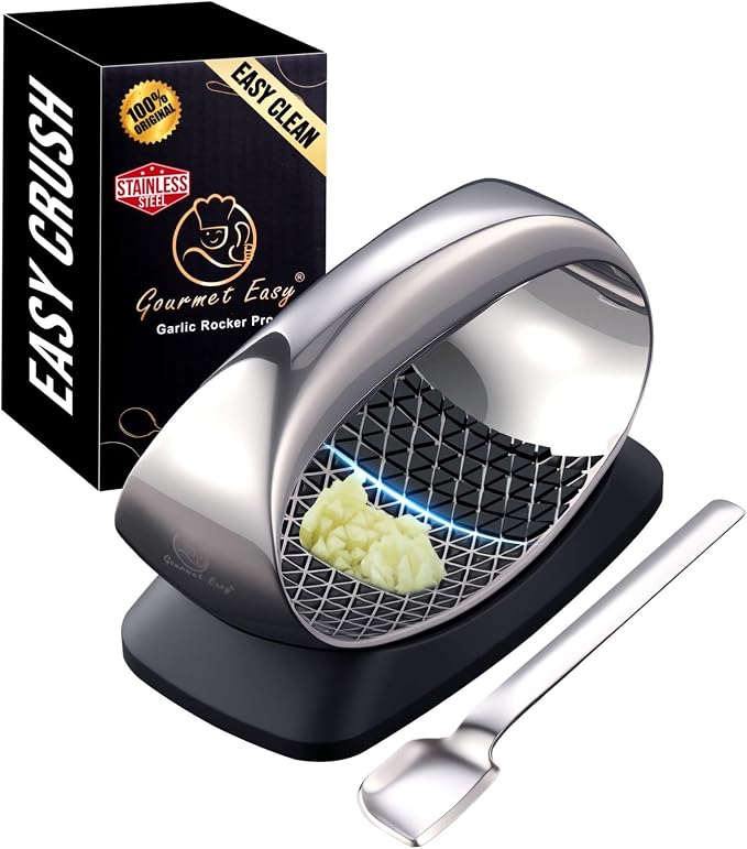 Gourmet Easy Stainless Steel Garlic Press Rocker with Eject Base & Scraper | Innovative 3D Cutting, Easy Crush & Clean Garlic Mincer, Premium Garlic Tool with Ergonomic Grip, 5-Year Warranty