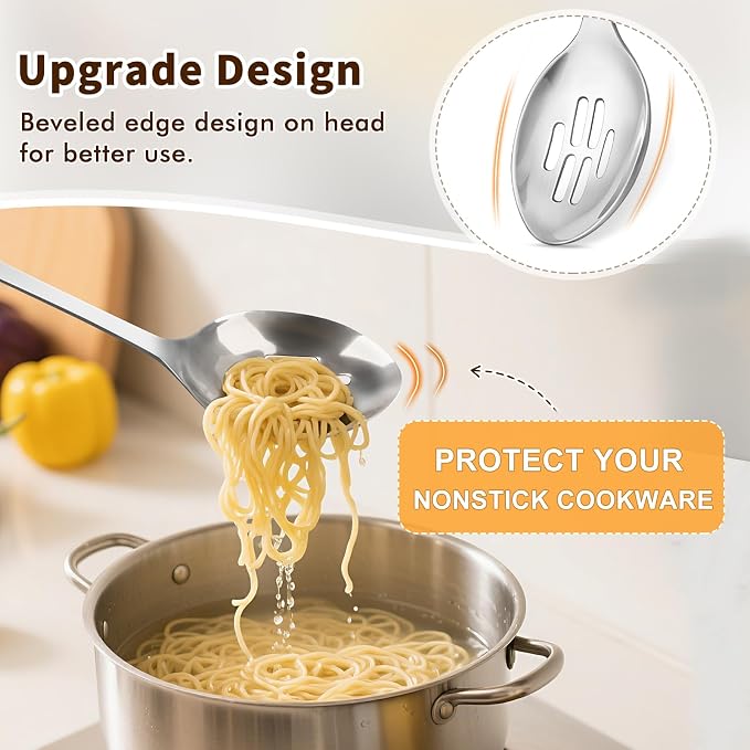 Stainless Steel Cooking Spoon, Slotted Metal Serving Spoon, Heavy Duty Sturdy Large Soup Ladle, High Heat Resistant Kitchen Cooking Utensils for Mixing, Stirring, Ergonomic Handle, Easy to Clean