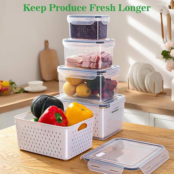 Fruit Storage Containers for Fridge with Removable Colander, Food Storage Containers with Lids, Dishwasher & Microwave Safe, Keep Berry Fruit Vegetable Meat Fresh Longer (Clear Body/Clear Lid)