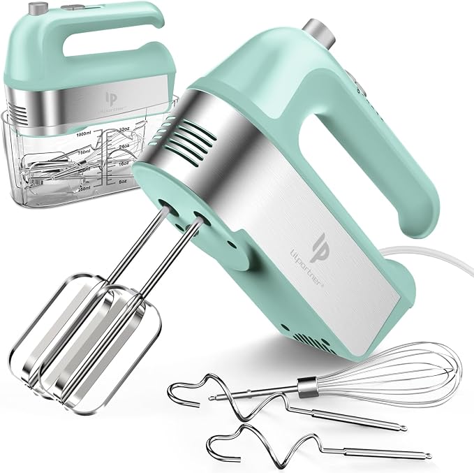 Hand Mixer Electric, 450W Kitchen Mixers with Scale Cup Storage Case, Turbo Boost/Self-Control Speed + 5 Speed + Eject Button + 5 Stainless Steel Accessories, For Easy Whipping Dough, Cream, Green