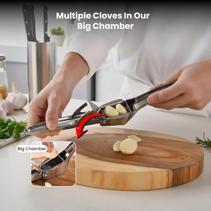 KUYRA Garlic Press Stainless Steel – Heavy Duty No-Peel Garlic Crusher & Mincer, High Capacity Chamber, Rust-Free 304 Steel, Easy Clean & Dishwasher Safe Clove Crusher & Hand Mincer