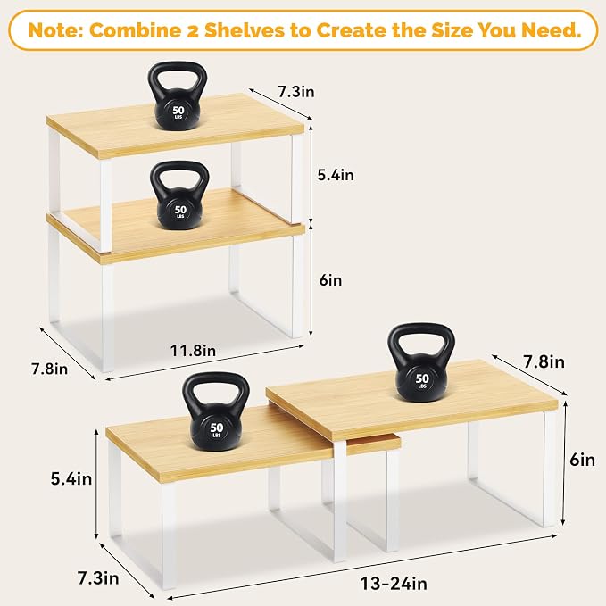 Kitchen Cabinet Organizer Shelf, Set of 4 Wood Kitchen Counter Shelves Riser with Metal Legs, Stackable Expandable Kitchen Storage Spice Rack, Can Cup Dish Organizer, Bamboo