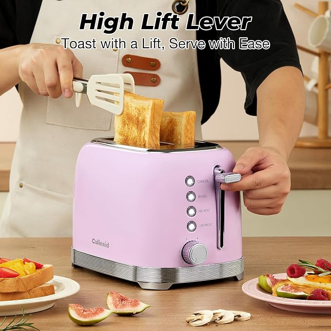 Toaster 2 Slice Retro Stainless Steel, Pastel Pink | 1.5’’ Extra Wide Slots with Bagel, Defrost, Reheat, Cancel Functions, 6 Bread Shade Settings, Removable Crumb Tray