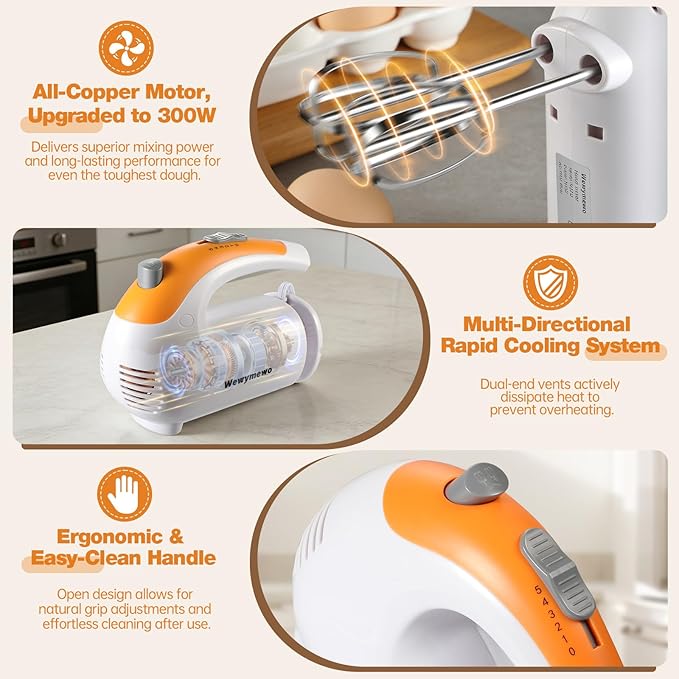 5-Speed 300W Hand Mixer Electric – Powerful Compact for Baking | Handheld Mixer Electric with 5 Stainless Steel Attachments – Egg Beater for Cakes, Bread, Cookies & Home Baking