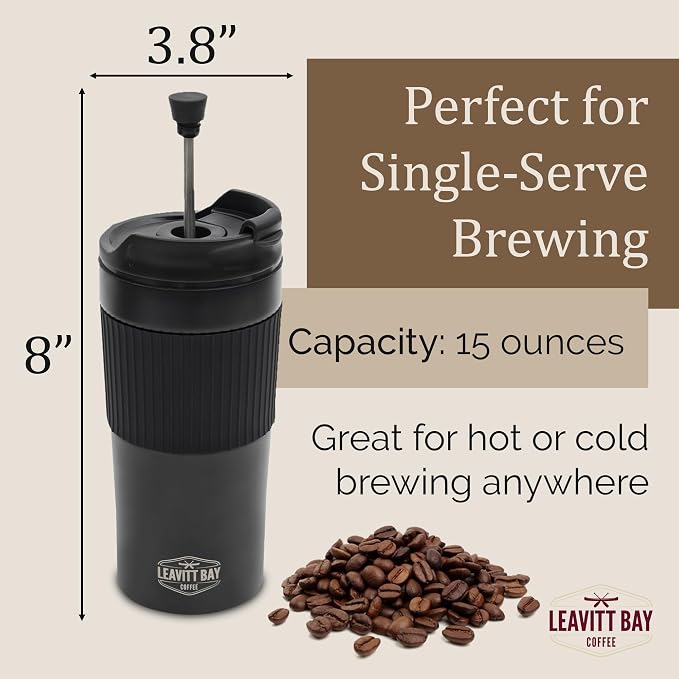 Black Portable French Press Travel Mug & Coffee Maker | Leak-resistant lid Double-wall vacuum insulation ideal for camping & travel