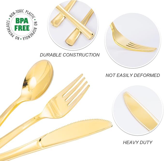 100PCS Gold Plastic Silverware, Heavy Duty Disposable Utensils/Cutlery | 50 Forks, 25 Spoons, 25 Knives, Elegant, BPA-Free, for Party, Wedding, Birthday & Everyday Use