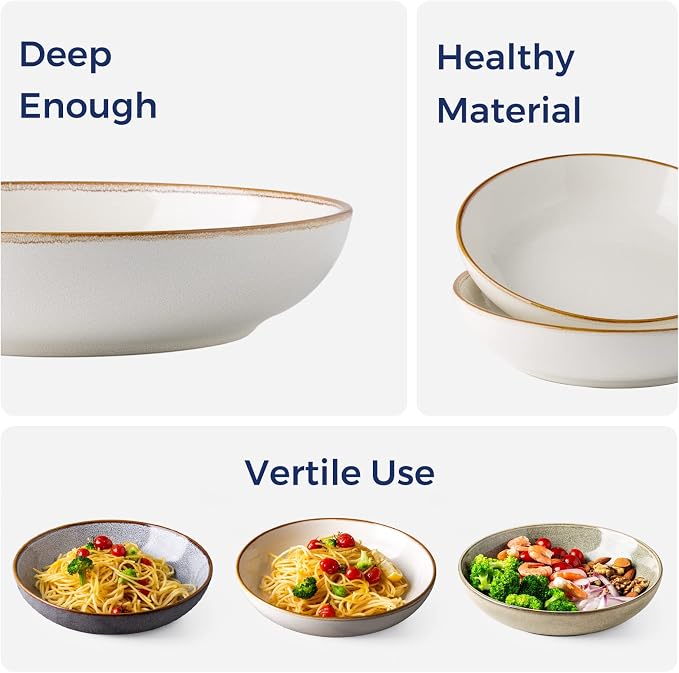 AmorArc 8.5’’ Ceramic Pasta Bowls Set of 4, 36oz Large Stoneware Bowls Set | Large Dinner Serving Bowls Set, Wide Bowl Plate for Pasta,Salad, Soup, Microwave Safe, Reactive Glaze-Pearl White