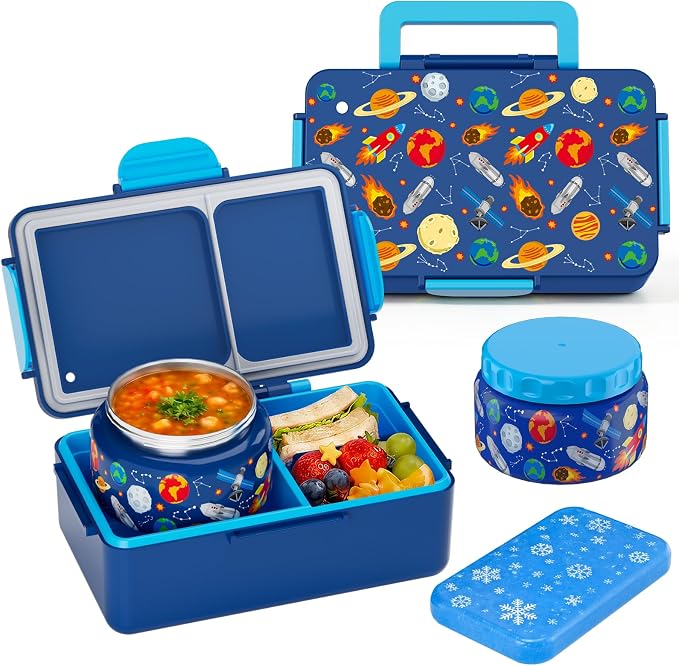 SHPMXUPW Kids Bento Lunch Box – 12 oz Stainless‑Steel & 3‑Compartment Leak‑Proof Food Container with Built‑In Ice Pack, Insulated Food Jar for Boys & Girls, School & Travel