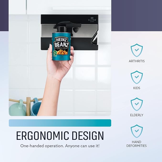 ELITRA HOME 3-In-1 Under The Cabinet Electric Can Opener - Black | Automatic Smooth Edge Can & Bottle Opener, Magnetic Lid Holder & Knife Sharpener, Space Saving Kitchen Tool with Cord Storage