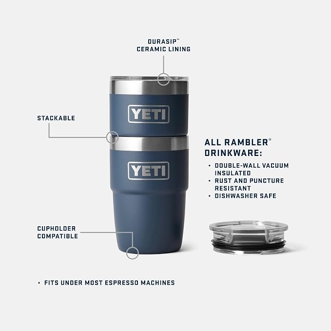 YETI Rambler 8 oz Insulated Coffee Mug with Lid - Stackable Double-Wall Vacuum Insulated Coffee Cup - DuraSip Ceramic Lining - Barista-Friendly Design - Stainless Steel - Dishwasher Safe