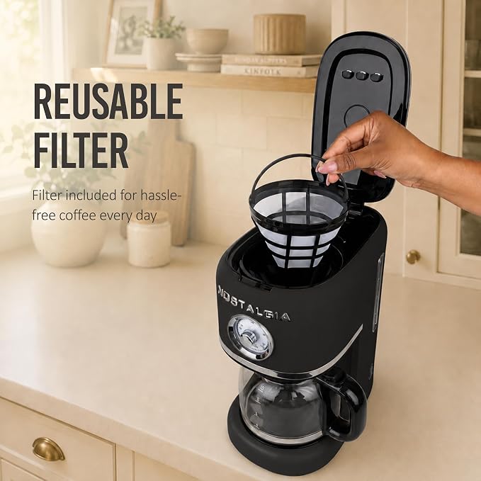 Nostalgia Classic Retro 10 Cup Coffee Maker - One-Touch Drip Brew, Reusable Filter - Anti-Drip, Auto Shutoff, & Time Display - Dishwasher Safe 50 oz Carafe - Black