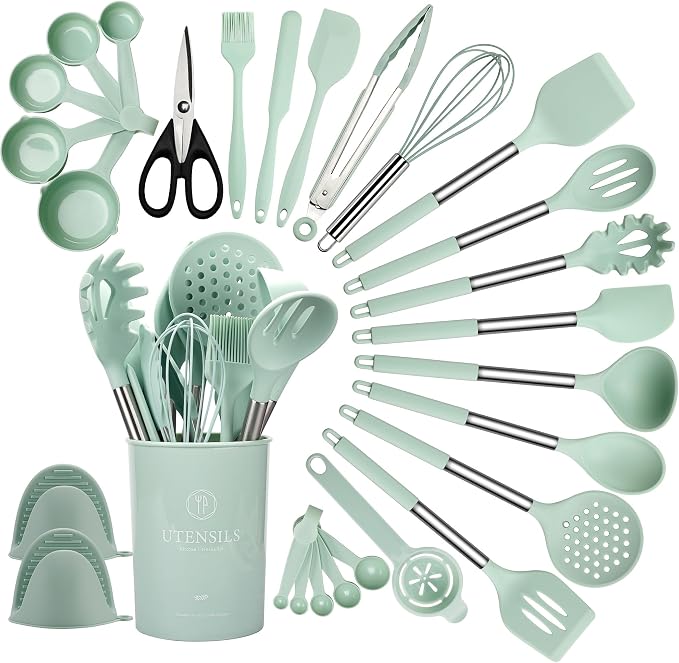 QMVESS Silicone Cooking Utensils Set, 28 Pcs Non-Stick Kitchen Utensils Set with Holder, 446°F Heat Resistant Spatula, Tongs, Spoons Set with Stainless Steel Handle Kitchen Gadgets (Light Green)