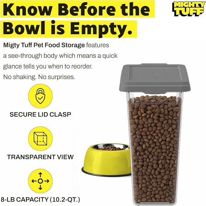 Mighty Tuff 8 lb Pet Food Storage Container with Airtight Lid, Clear | Secure lid clasp helps keep dog and cat food fresh while the clear container simplifies pantry organization.