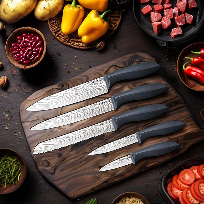 Kitchen Knife Set,10-Piece Stainless Steel Knife Set with Block,Gray | Pro-Sharpened Kitchen Knives,Space-saving Compact Organizer for Small Kitchen,RV,Apartment and Dorm