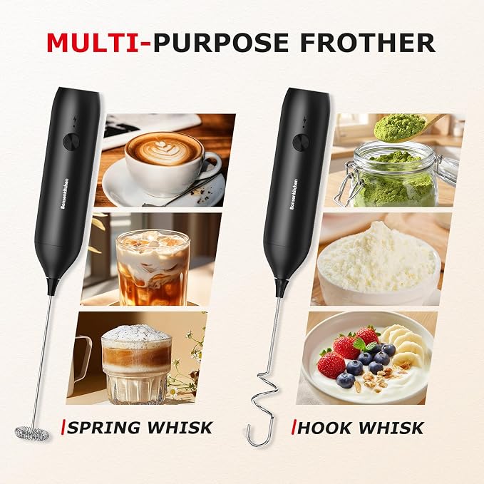 Bonsenkitchen Rechargeable Milk Frother Handheld, Charging USB-C | Electric Foam Maker with Stainless Steel Whisk, Portable Hand Wand Drink Mixer for Coffee Matcha Lattes Cappuccino