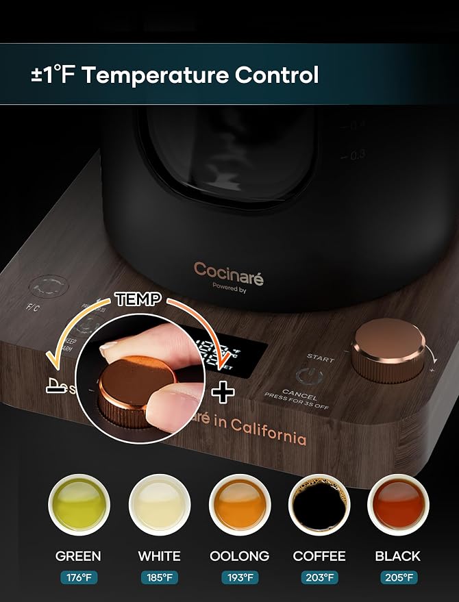 INTASTING Electric Kettle, Electric Tea Kettle with Infuser, 1 Liter | ±1℉ Temperature Control, 1200W Fast Heating, BPA-Free Glass, Easy to Clean, Keep-warm, Auto shut-off, Wood