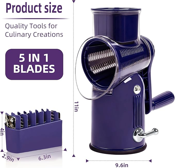 Rotary Cheese Grater with Handle, 5 Replaceable Blades(Purple) | Strong Suction Base, Round Food Slicer & Chopper for Kitchen Fruit Vegetables Nuts with Blade Storage Box
