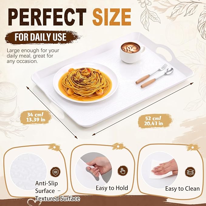 Kathfly 6 Pack 20" x 13" Serving Trays with Handles, Plastic Tray, White | PP Material, Anti-skid Texture, Decorative Food Tray, for Restaurant, Hotel, Kitchen, Party; Not Microwave/dishwasher Safe
