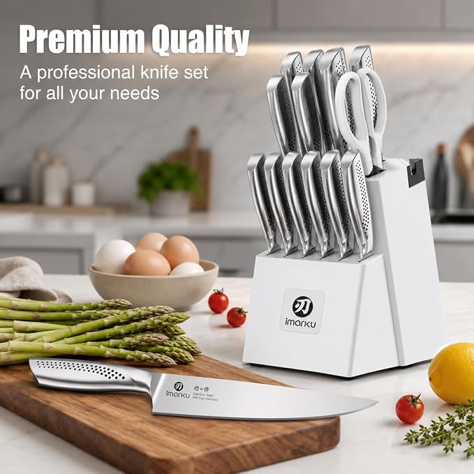 imarku 15PCS Knife Set, High Carbon Stainless Steel Blades with Sharpener | Rust-Resistant Design, Long-Lasting Sharpness, Comfortable Grip, Easy Cleaning, Durable Daily Performance, Organized Storage