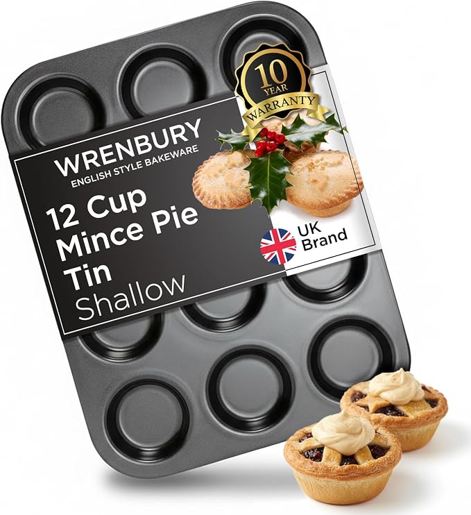 Wrenbury Pro 12 Cup Mince Pie Tin – Carbon Steel Mincemeat Baking Tray | Non Stick Shallow Muffin Pan for Patty Cakes and Jam Tarts