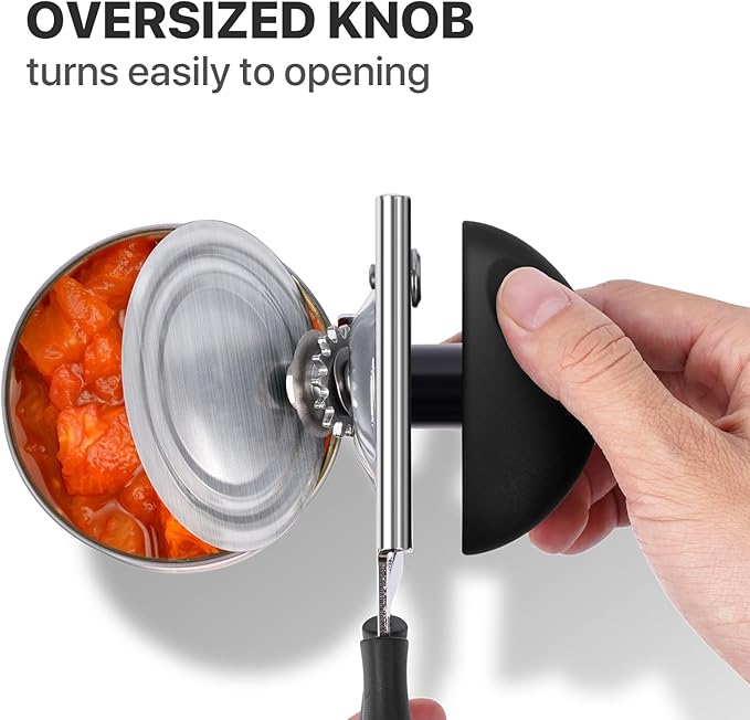 UHIYEE Heavy Duty Hand Can Opener with Comfortable Grip for Seniors, Black | Manual Can Opener, Hardened Steel Blade, Rubber-Coated Handle, Oversize Knob, Built-in Magnet & Bottle Opener